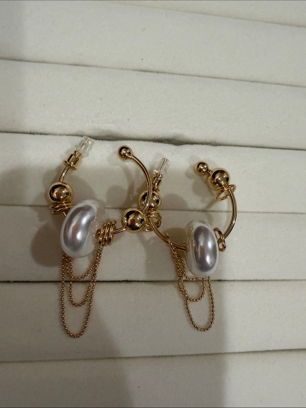 Gold Hoop Earrings with Silver Pearl Accent and Chain Dangles